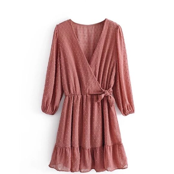 - BOHO mini dress balloon sleeves back elastic waist with back tie - Picture 3 of 10